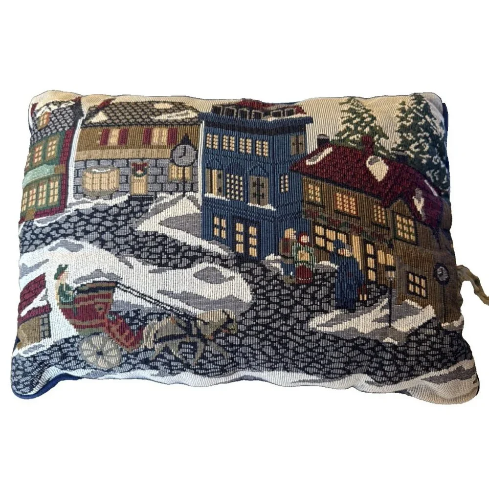 Vintage? Tapestry Christmas Village House Throw Accent Pillow 15' X 12